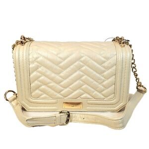 BCBG Champagne Faux Leather Quilted Shoulder Bag w Gold Chain Strap, Pockets NWT